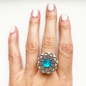 Boho silver wire & blue gemstone disc ring